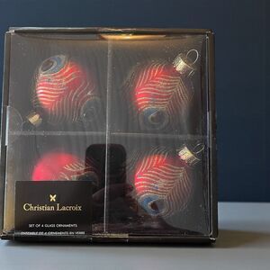 CHRISTIAN LACROIX PEACOCK DESIGN BALL GLASS CHRISTMAS ORNAMENTS New Set Of 4
